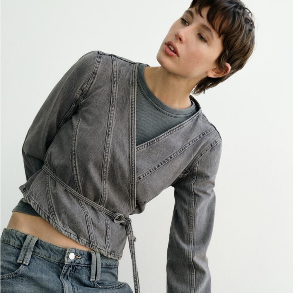 Zara gray denim long tie cropped jacket size small